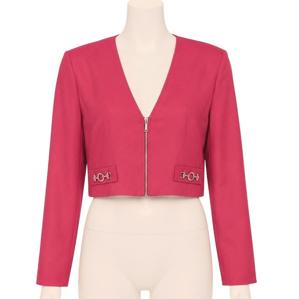 Sheri Martin Jacket Women 6 Pink Cropped Zip Front Silver Horsebit Shoulder Pads